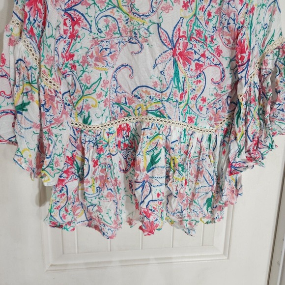 L Space Crop Blouse Womens S Multicolor Paisley Short Flutter Sleeve Tie Front - Picture 5 of 9